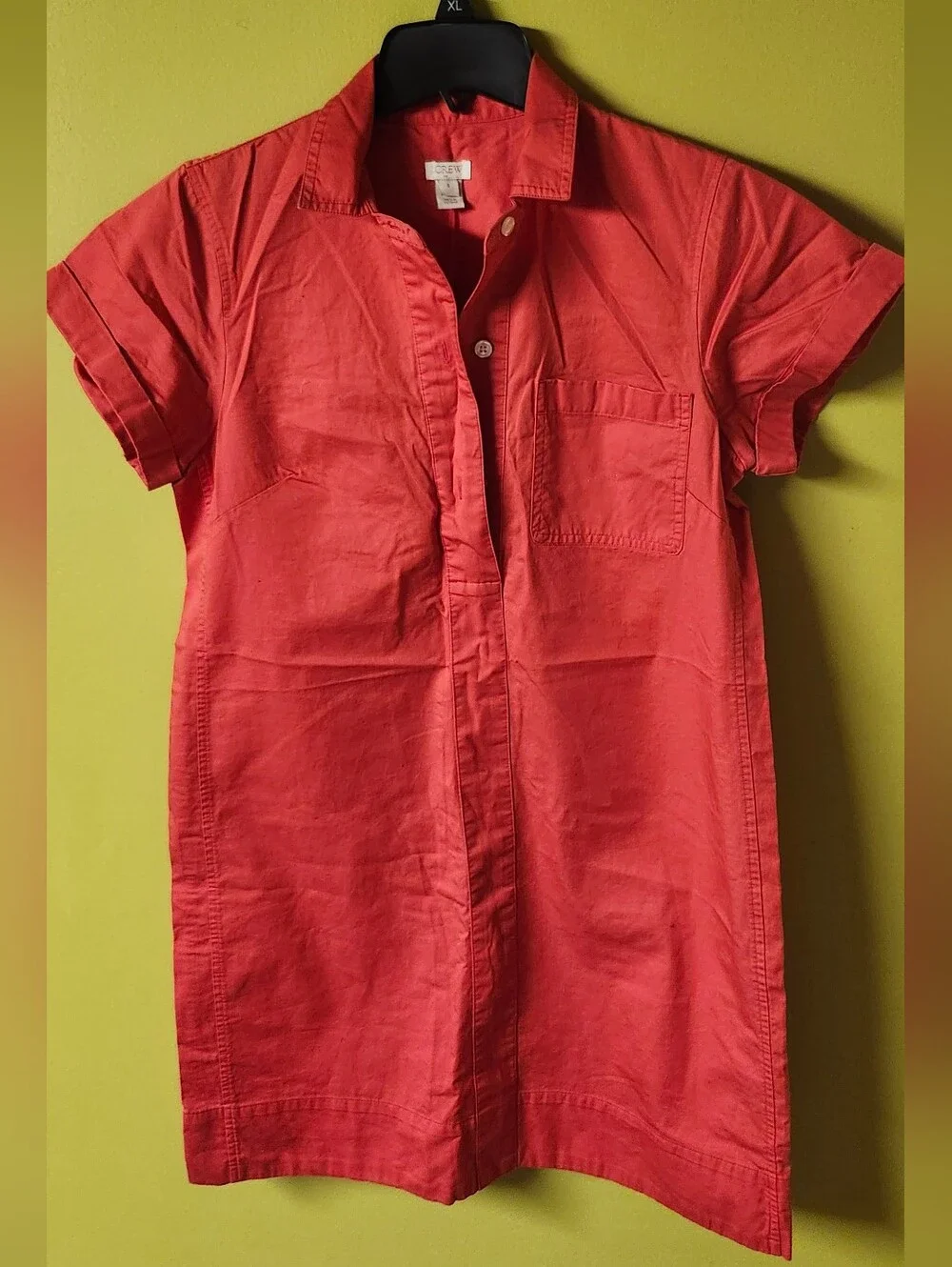 J.CREW Short Sleeve Cotton Poplin Shirt Dress Coral Red Pink Mini, Sz S